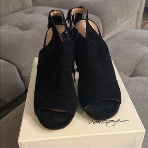 Halogen Black Suede Peep-Toe High Heel Sandals